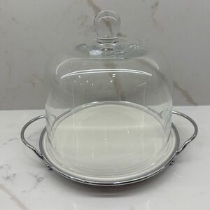 Godinger Glass Dome Cloche Off White Plate and Silver Pedestal Pastry Cheese